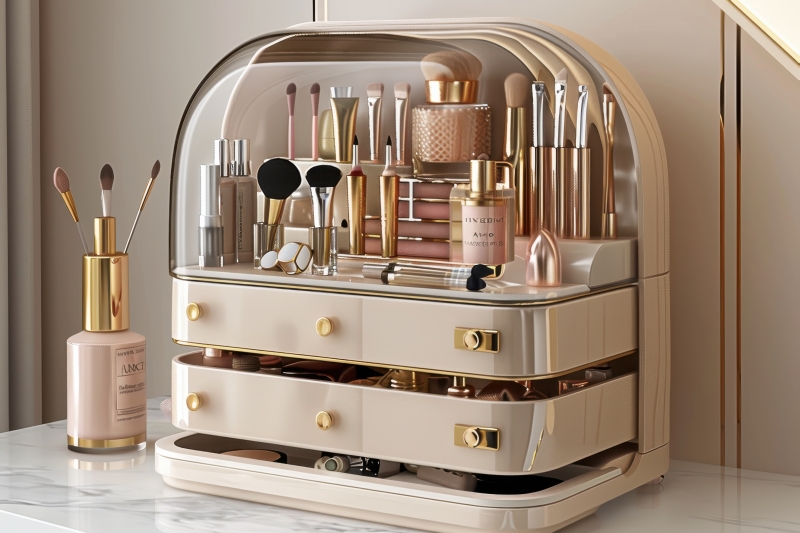 A neatly arranged makeup organizer holds various beauty products and tools, showcasing a stylish design in a contemporary bathroom.